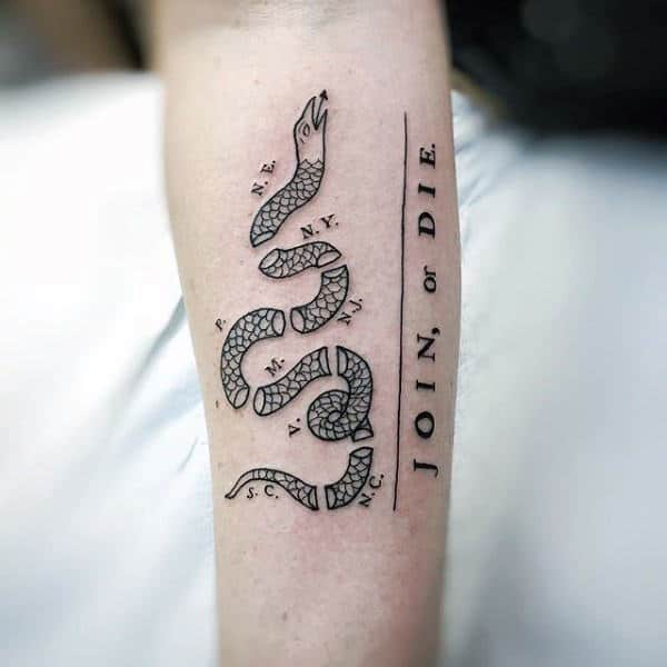 Small Mens Join Or Die Tattoo Ideas On Inner Forearms