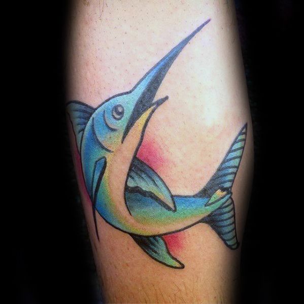 Small Mens Swordfish Old School Leg Calf Tattoo Designs