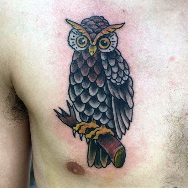 Small Mens Traditional Owl Upper Chest Tattoos