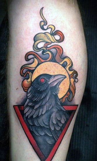 Small Mens Triangle Bird And Yellow Sun Forearm Tattoo Art