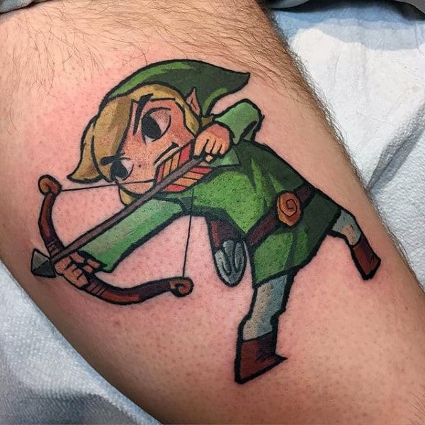 Small Mens Zelda With Bow And Arrow Arm Tattoo