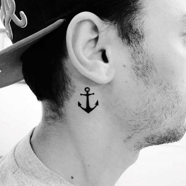 Small Minimalist Anchor Tattoo Behind The Ear For Men