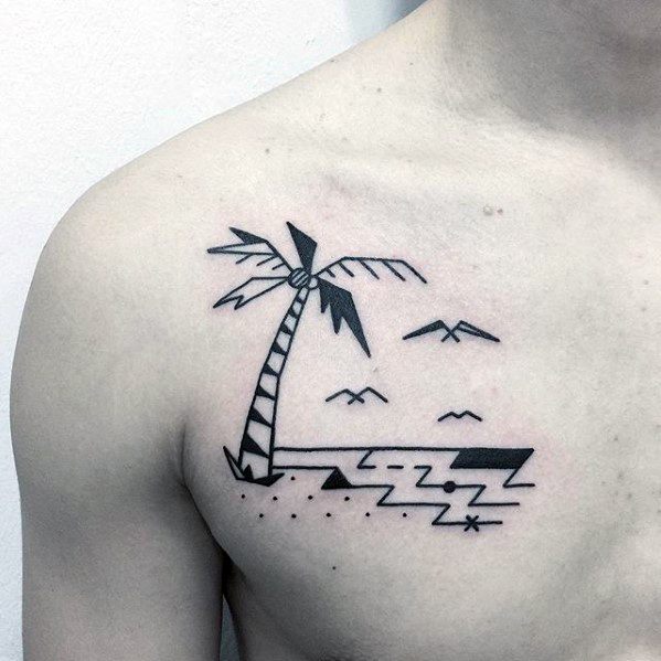 Small Minimalistic Mens Beach Upper Chest Tattoo
