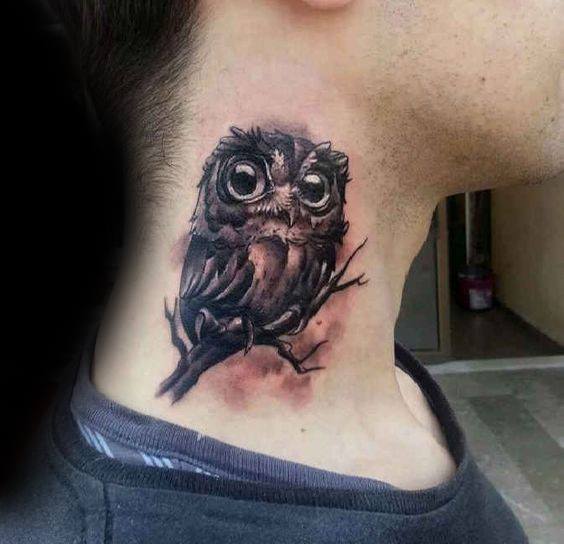 Small New School Manly Owl Neck Tattoo Design Ideas For Men