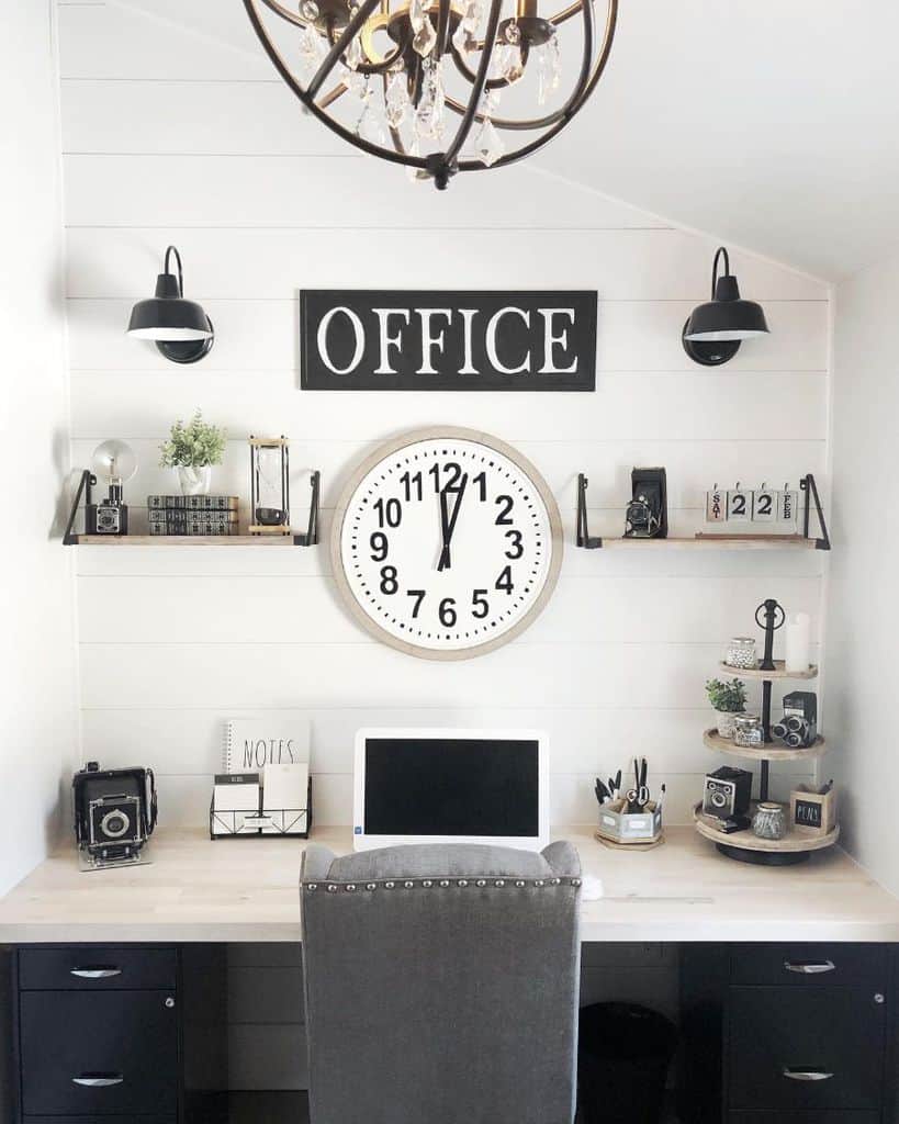 small home office nook white shiplap wall wall shelves wall clock 