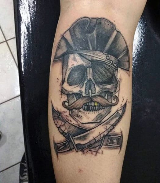 Small Old School Pirate Ship Tattoos On Man