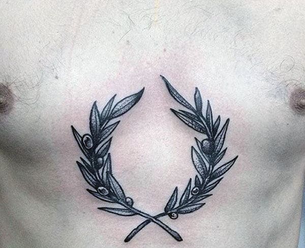 Small Olive Branch Mens Chest Tattoo Inspiration