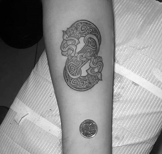 Small Ornate Mens Celtic Dragon Inner Forearm Tattoo Designs