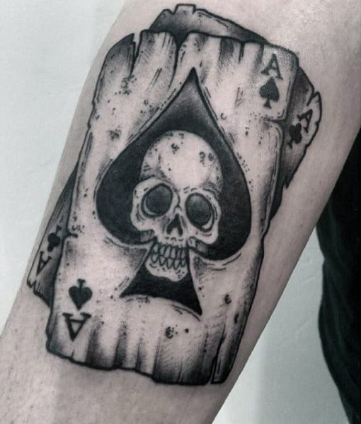 Small Playing Card Black Ink Skull Tattoos For Guys