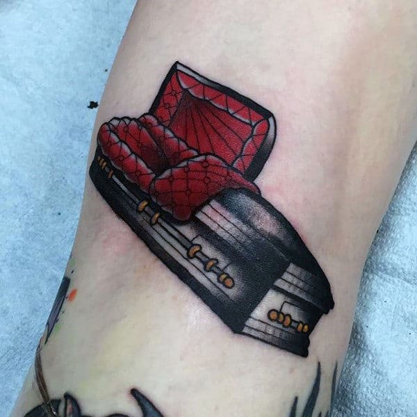 Small Red And Black Mens Coffin Casket Tattoo