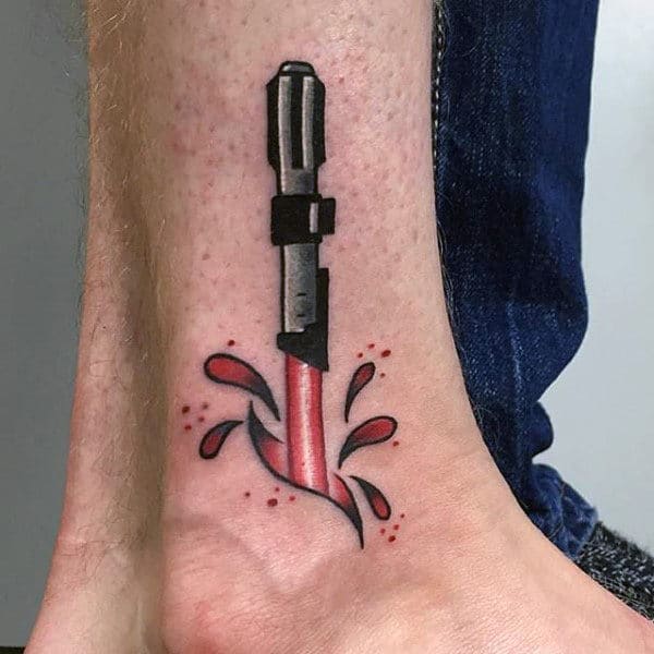 Small Red Lightsaber Ankle Tattoo Ideas For Guys