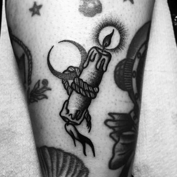 Small Rope Moon Candle Traditional Guys Arm Tattoos