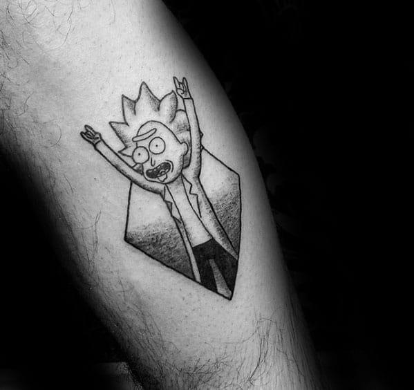 Small Shaded Black And Grey Ink Leg Mens Rick And Morty Tattoo Design Ideas