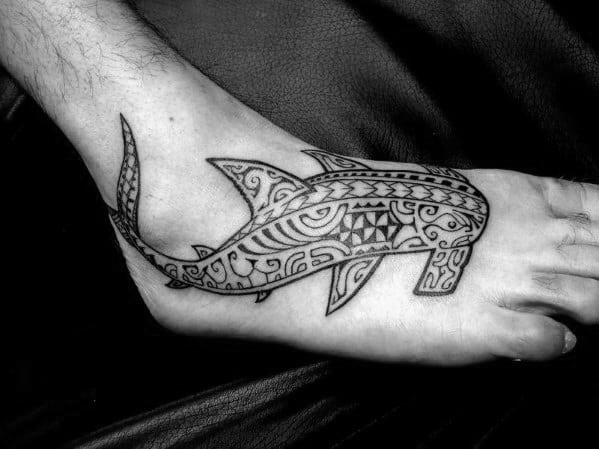 Small Shark Tribal Guys Foot Tattoos