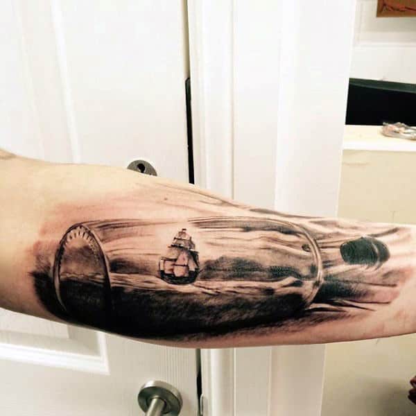 Small Ship In A Bottle Glass 3d Realistic Guys Arm Tattoo