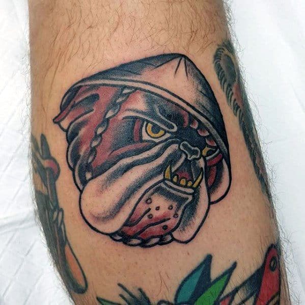 Small Side Of Leg Male Bulldog Head Traditional Tattoos