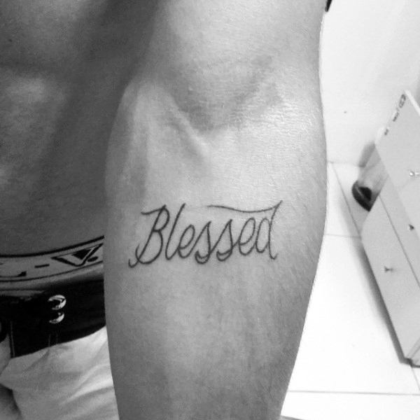 Small Simple Blessed Tattoo For Men On Inner Forearm