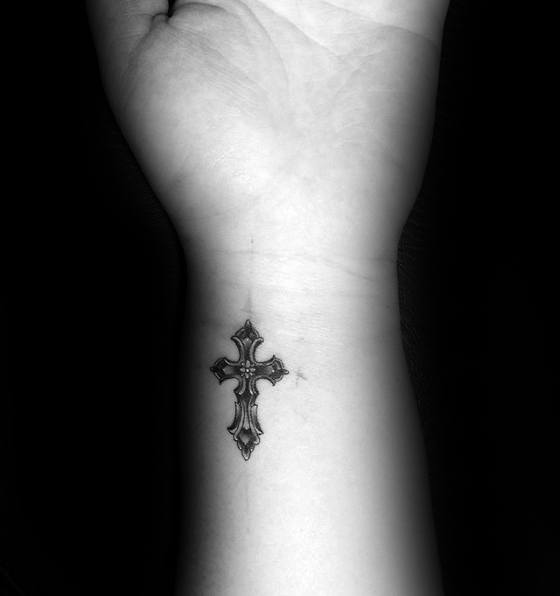 Small Simple Christian Mens Cross Wrist Tattoo Designs