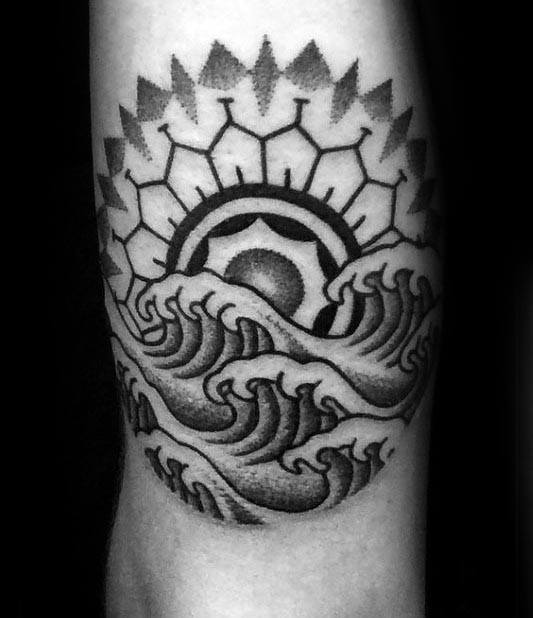Small Simple Dotwork Geometric Rising Sun Mens Arm Tattoo