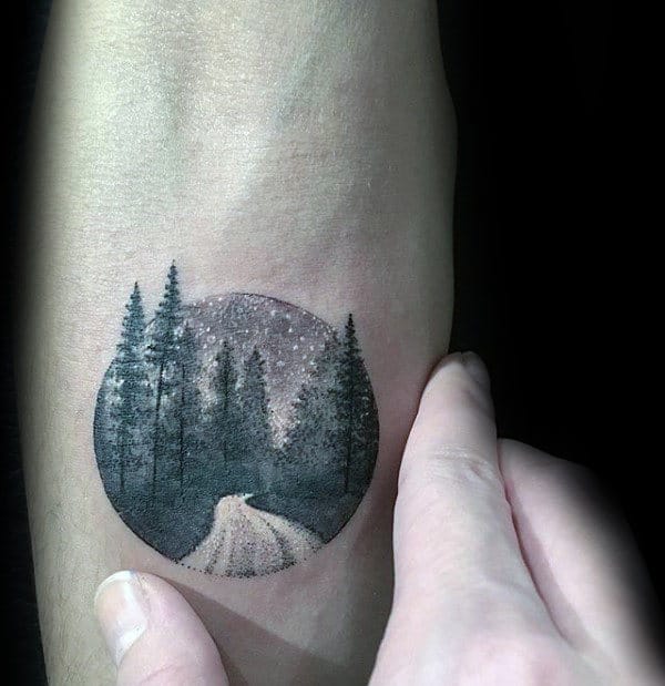 Small Simple Guys Circle Forest Night Inner Forearm Tattoo