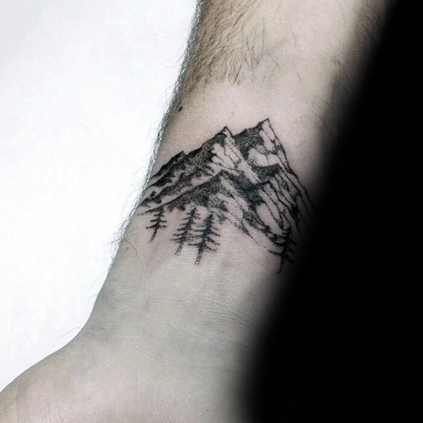 Small Simple Guys Forest Wrist Tattoo With Mountains