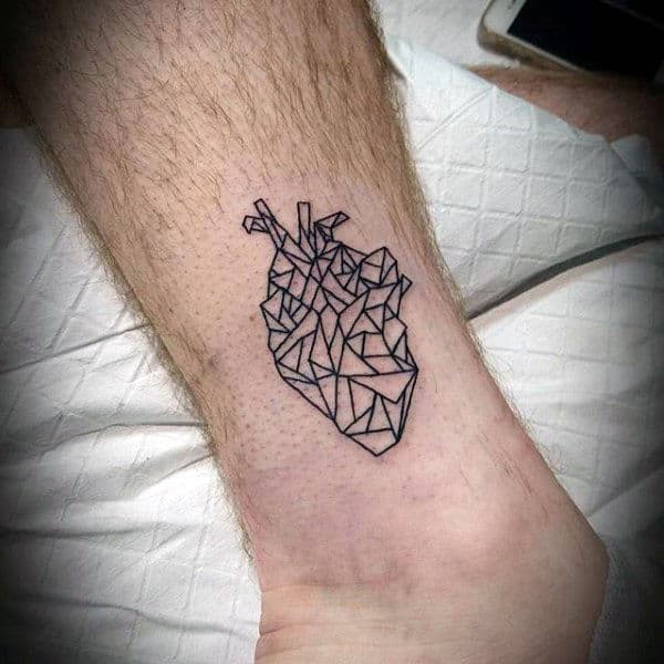Small Simple Guys Geometric Heart Lower Leg Tattoos