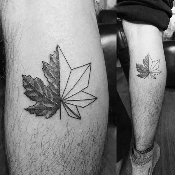 Small Simple Guys Maple Leaf Geometric Leg Calf Tattoo