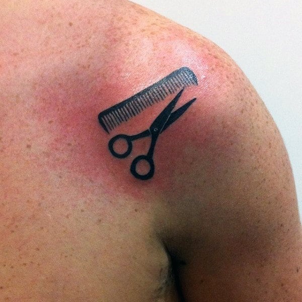 Small Simple Guys Scissor And Comb Shoulder Tattoo
