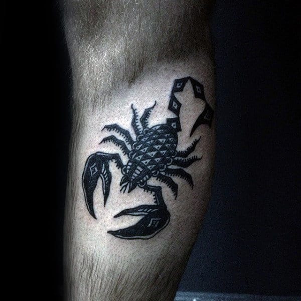 Small Simple Guys Scorpio Leg Tattoo Designs With Black Ink