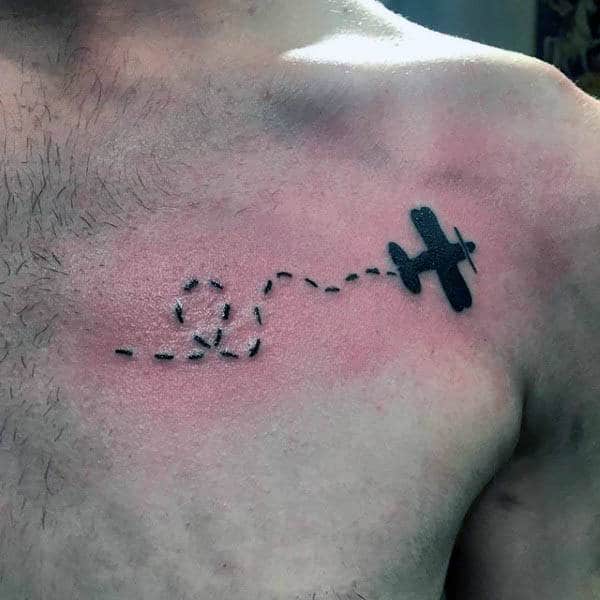 Small Simple Guys Silhouette Flying Airplane Chest Tattoo