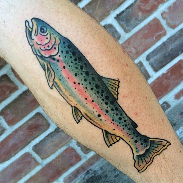 Small Simple Guys Trout Back Of Leg Tattoo