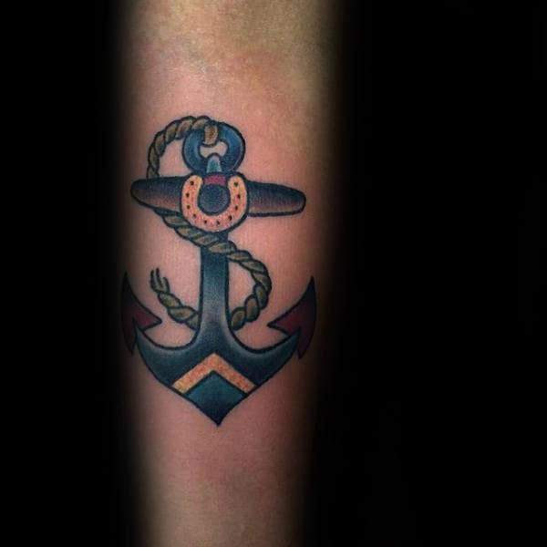 Small Simple Male Blue Traditional Anchor Forearm Tattoos