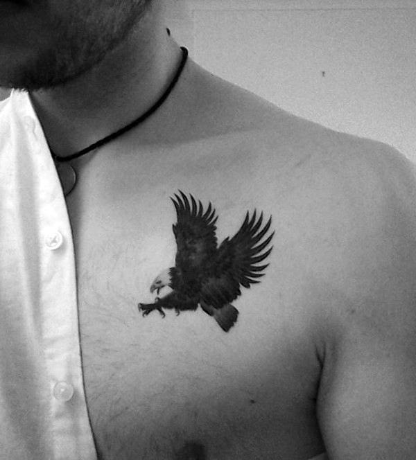 Small Simple Mens Eagle Black Ink Upper Chest Tattoo