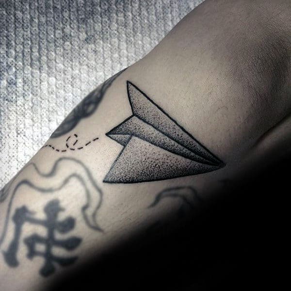 Small Simple Mens Shaded Paper Airplane Arm Tattoo Designs