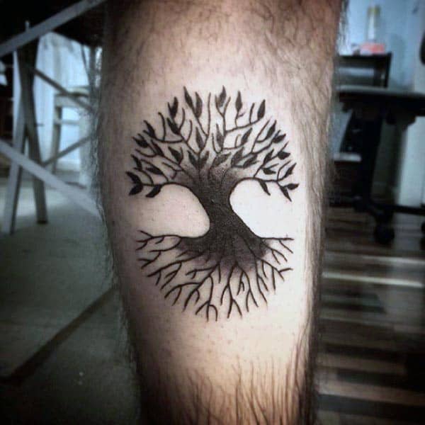 Small Simple Mens Shaded Tree Of Life Tattoos On Leg Calf