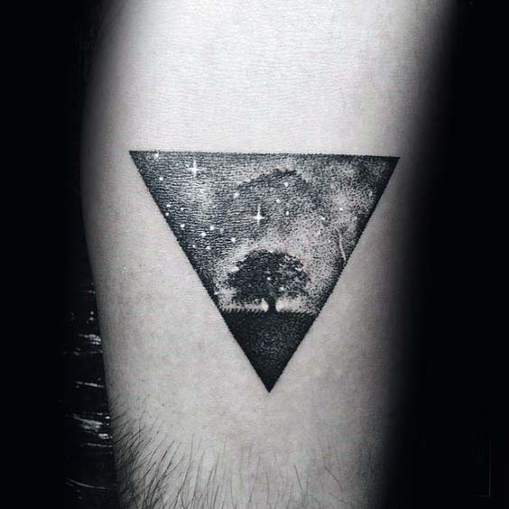Small Simple Tree Of Life Sky Triangle Guys Arm Tattoo With Dotwork Design