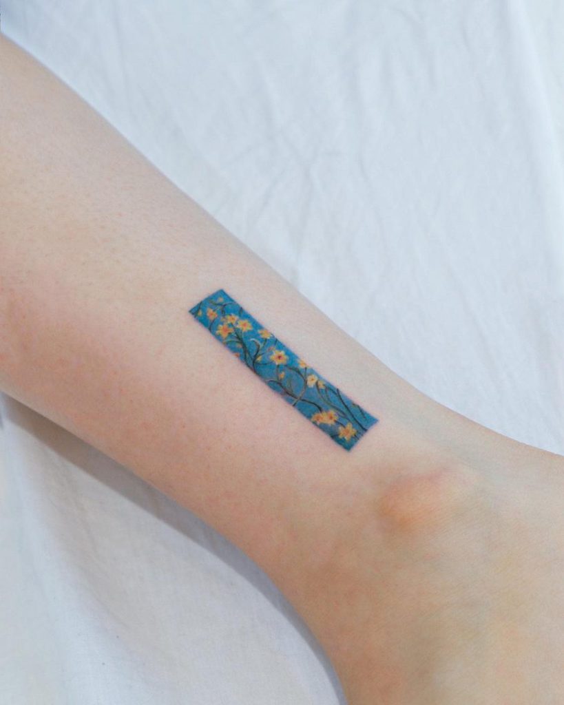 Small Single Strip Rectangle Wallpaper Blue Yellow Daffodil Unique Tattoo