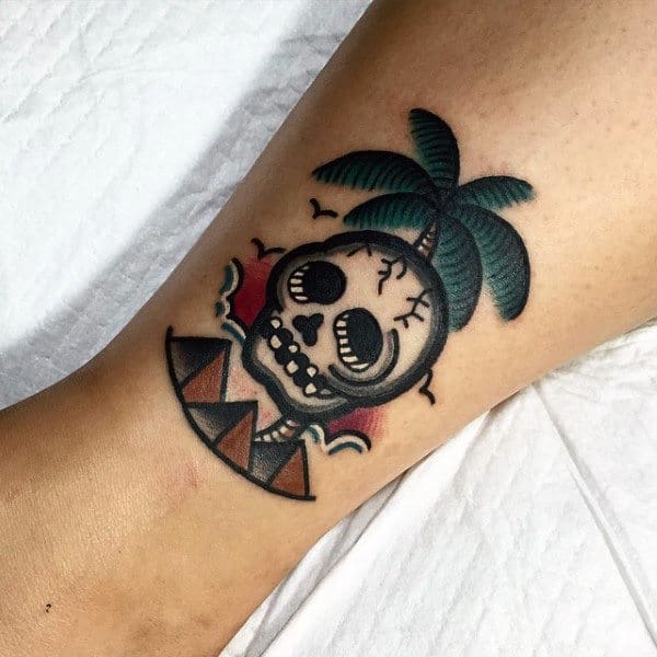 Small Skull And Palm Tree Tattoo On Arms For Men