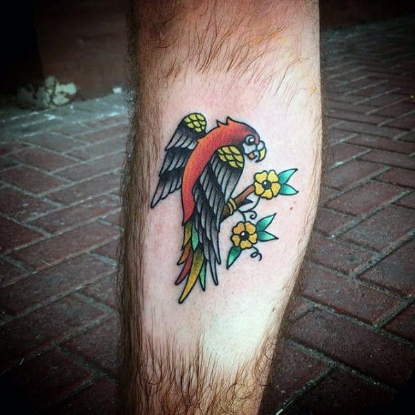 Small Traditional Bird Leg Calf Cool Male Parrot Tattoo Designs