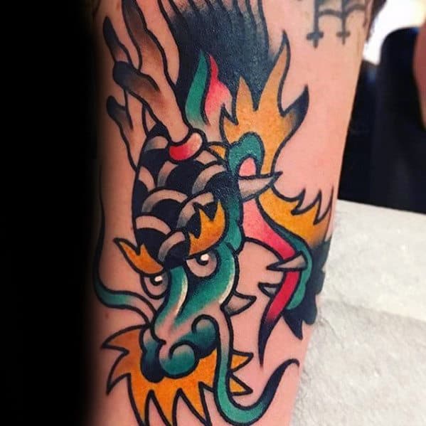Small Traditional Dragon Head Colorful Mens Forearm Tattoos