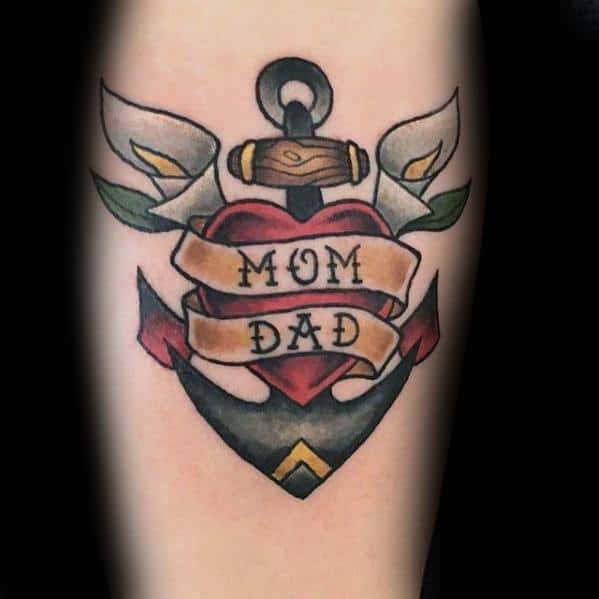 Small Traditional Mom And Dad Memorial Heart And Anchor Forearm Guys Tattoo Designs
