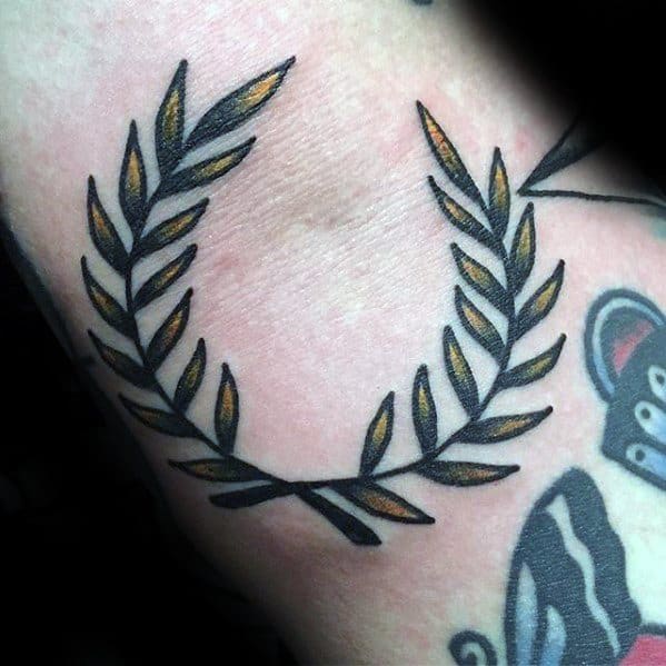 Small Traditional Old School Forearm Gold Laurel Wreath Male Tattoos