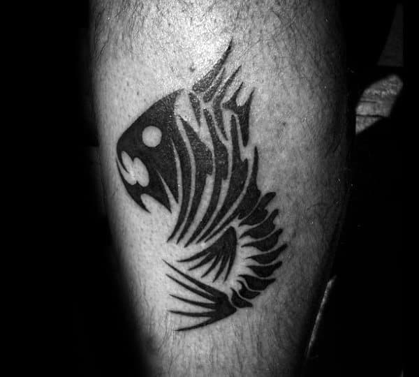 Small Tribal Mens Leg Fish Skeleton Tattoo