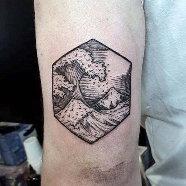 Small Tricep Tattoo Of Woodcut Ocean Waves For Men