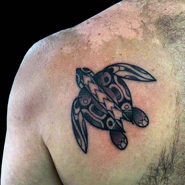 Small Turtle Dotwork Mens Back Tattoos