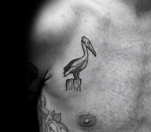 Small Upper Chest Dotwork Cool Male Pelican Tattoo Designs