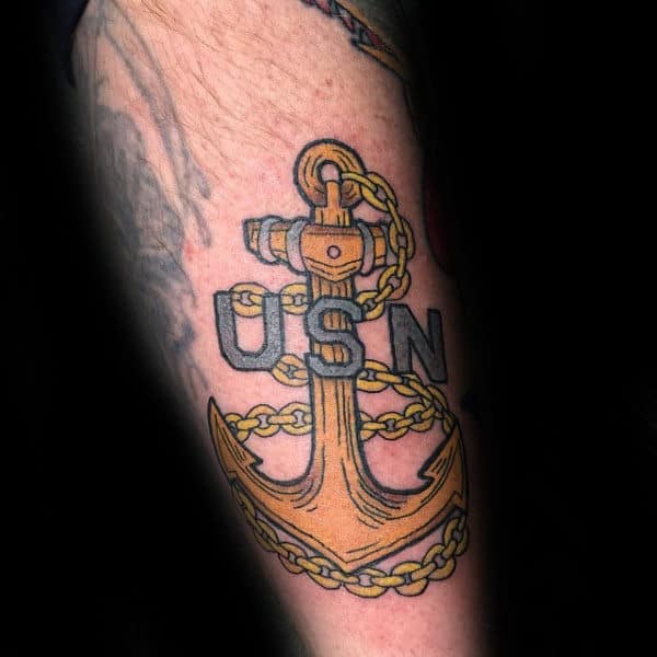 Small Usn Gold Anchor Mens Navy Forearm Tattoos