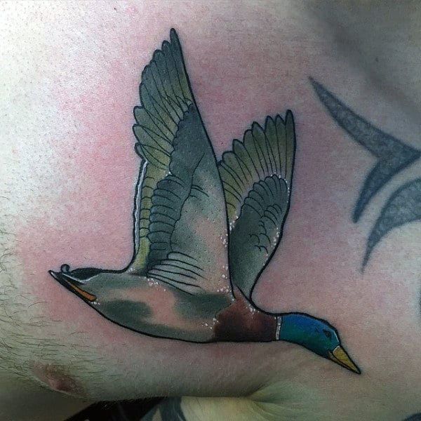 Small Watercolor Duck Tattoo On Guys Chest