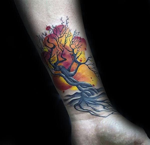 Small Watercolor Tree Mens Wrist Tattoo