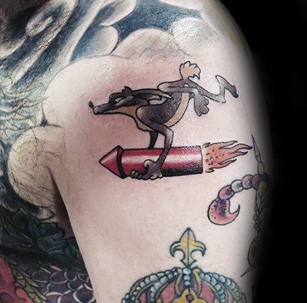 Small Wile E Coyote On Rocket Upper Arm Looney Tunes Tattoos For Males